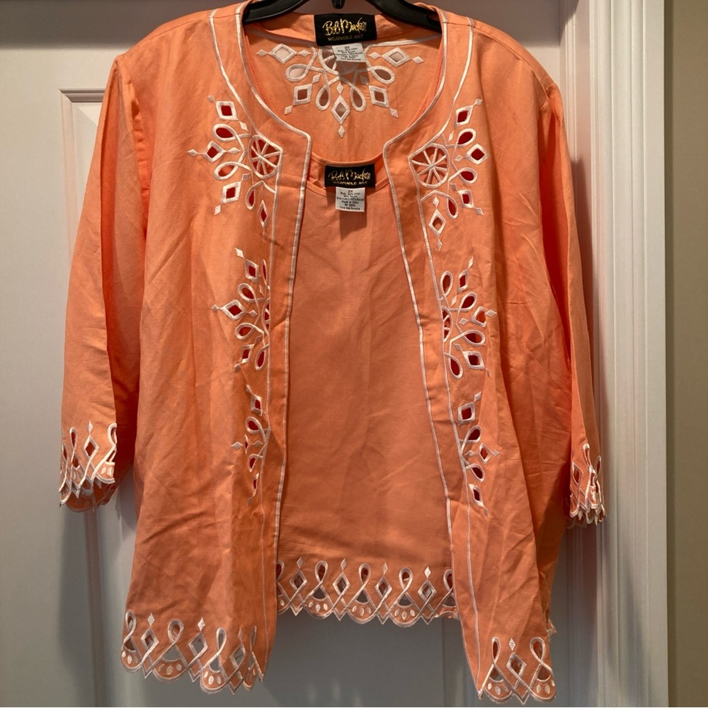 Bob Mackie Wearable Art Tank/Jacket Embroidered Open Front Linen Rayon Peach 3X